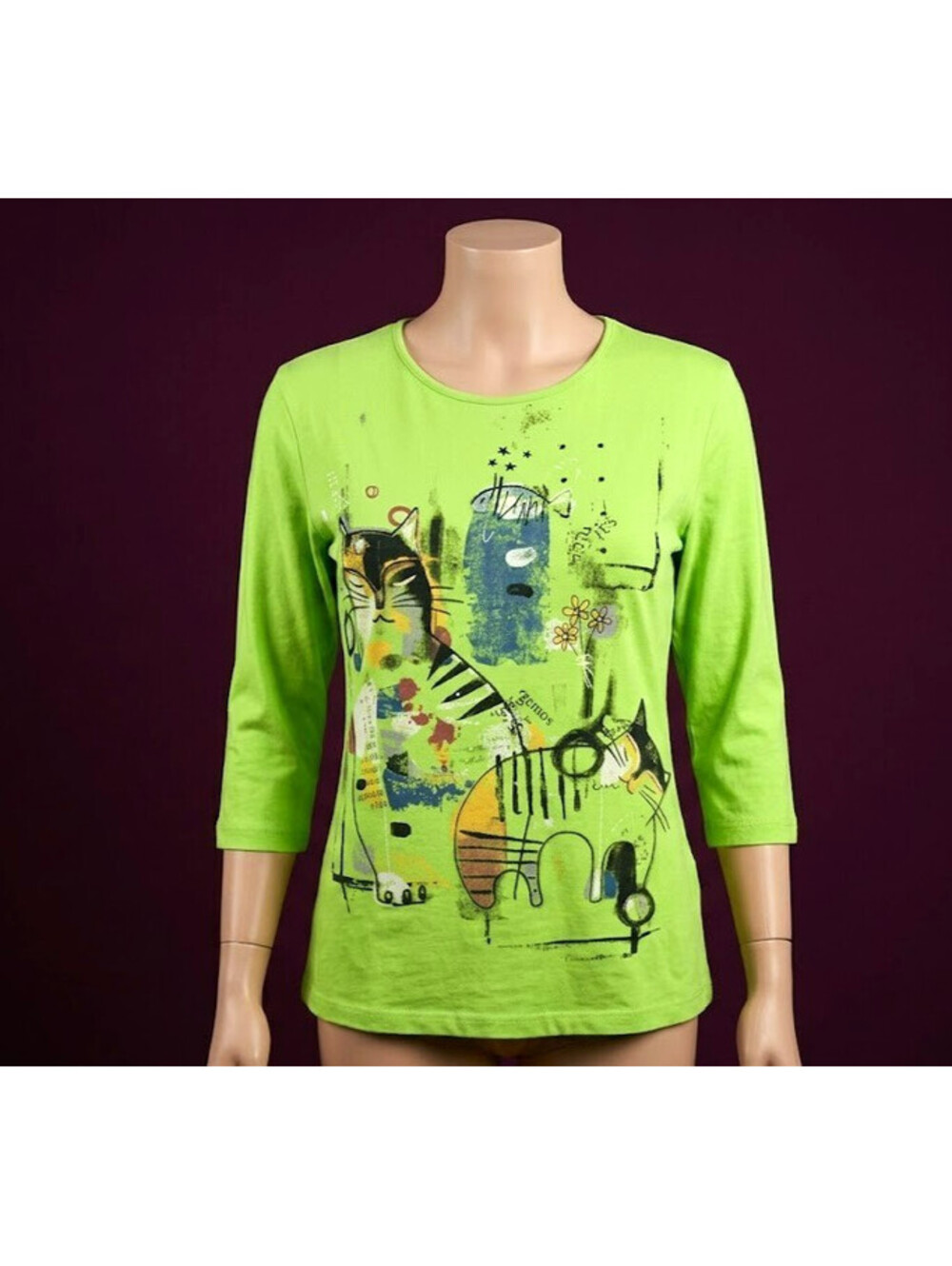 Jess & Jane Lime Green "Cat News" Graphic 3/4 Sleeve Top - Size S